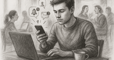 Illustration of gig worker checking phone in a busy coffee shop setting setting, with a focused mood.