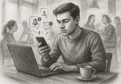 Illustration of gig worker checking phone in a busy coffee shop setting setting, with a focused mood.