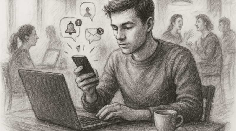 Illustration of gig worker checking phone in a busy coffee shop setting setting, with a focused mood.