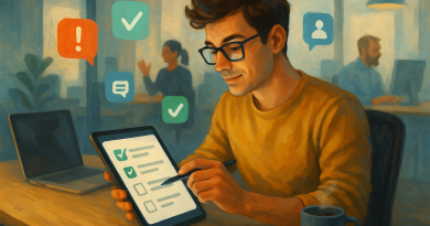 Illustration of young entrepreneur on tablet in a tech startup office setting, with a focused mood.
