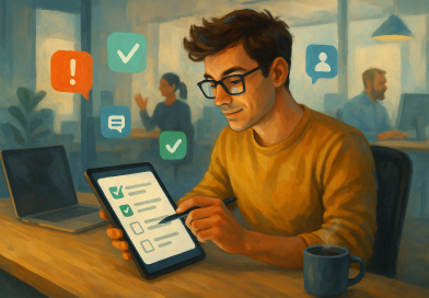 Illustration of young entrepreneur on tablet in a tech startup office setting, with a focused mood.