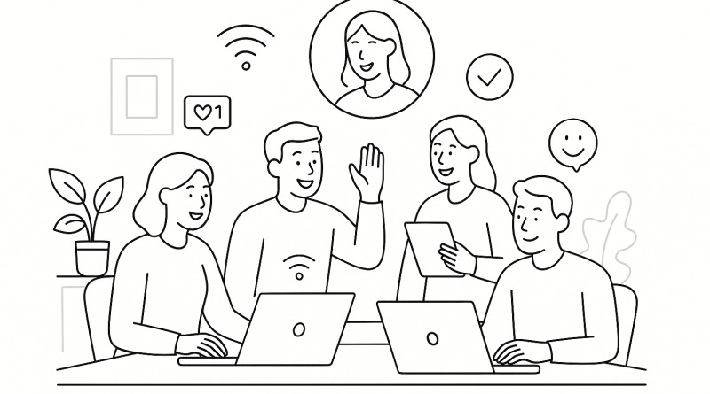 Illustration of team collaborating remotely in a tech startup office setting, with a happy mood.