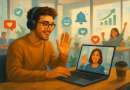 Illustration of remote worker on video call in a modern coworking space setting, with a happy mood.