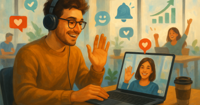 Illustration of remote worker on video call in a modern coworking space setting, with a happy mood.