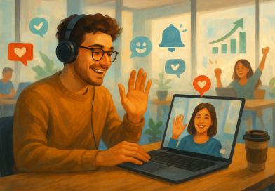 Illustration of remote worker on video call in a modern coworking space setting, with a happy mood.
