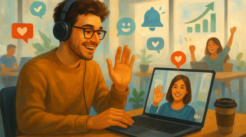 Illustration of remote worker on video call in a modern coworking space setting, with a happy mood.