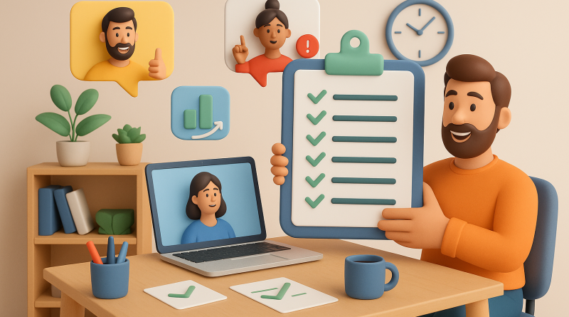Illustration of team collaborating remotely in a home office setup setting, with a creative mood.