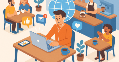 Illustration of freelancer working on laptop in a busy coffee shop setting setting, with a happy mood.