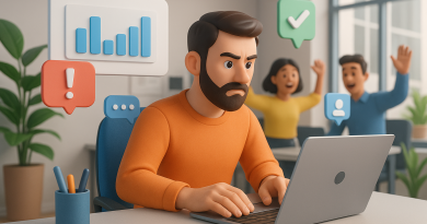 Illustration of freelancer using productivity tools in a tech startup office setting, with a determined mood.