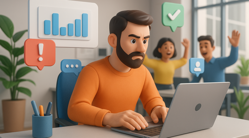 Illustration of freelancer using productivity tools in a tech startup office setting, with a determined mood.