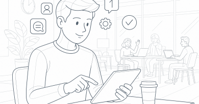 Illustration of young entrepreneur on tablet in a modern coworking space setting, with a relaxed mood.