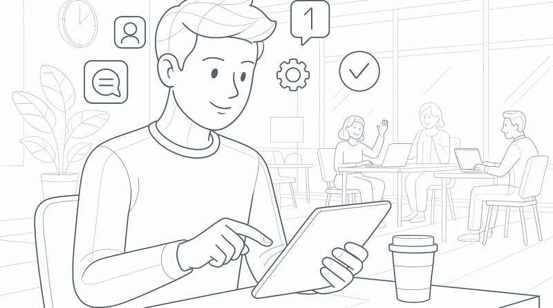 Illustration of young entrepreneur on tablet in a modern coworking space setting, with a relaxed mood.