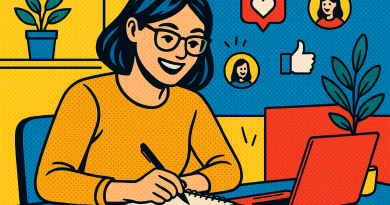 Illustration of freelance writer with notebook in a creative studio environment setting, with a happy mood.