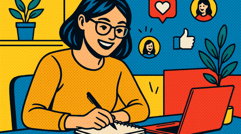 Illustration of freelance writer with notebook in a creative studio environment setting, with a happy mood.