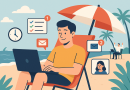 Illustration of freelancer using productivity tools in a beachside workspace setting, with a relaxed mood.