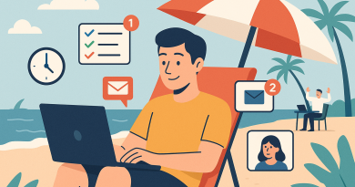Illustration of freelancer using productivity tools in a beachside workspace setting, with a relaxed mood.