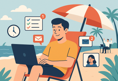 Illustration of freelancer using productivity tools in a beachside workspace setting, with a relaxed mood.