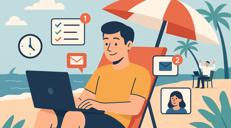 Illustration of freelancer using productivity tools in a beachside workspace setting, with a relaxed mood.