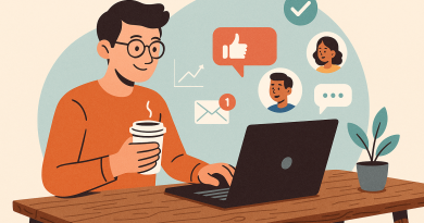 Illustration of digital nomad with coffee in a laptop on rustic table setting, with a inspired mood.