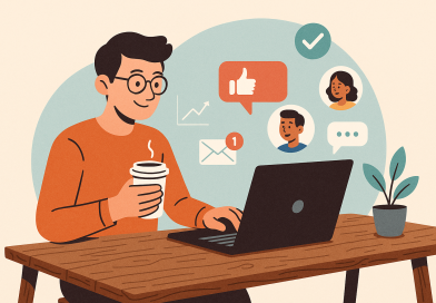 Illustration of digital nomad with coffee in a laptop on rustic table setting, with a inspired mood.