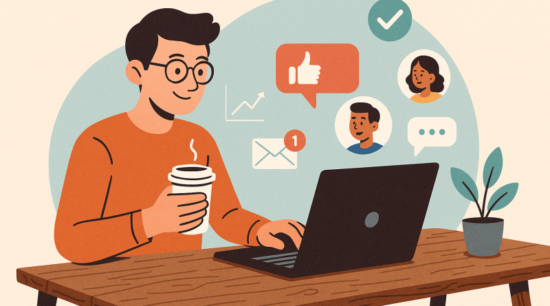 Illustration of digital nomad with coffee in a laptop on rustic table setting, with a inspired mood.