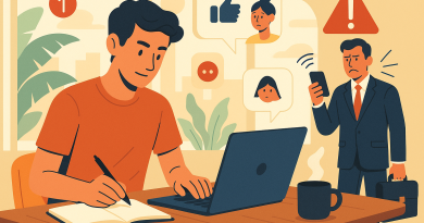 Illustration of freelance writer with notebook in a sunlit digital nomad workspace setting, with a determined mood.