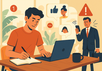 Illustration of freelance writer with notebook in a sunlit digital nomad workspace setting, with a determined mood.