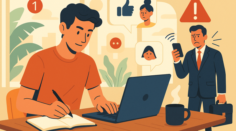 Illustration of freelance writer with notebook in a sunlit digital nomad workspace setting, with a determined mood.