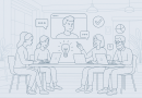 Illustration of team collaborating remotely in a modern coworking space setting, with a inspired mood.