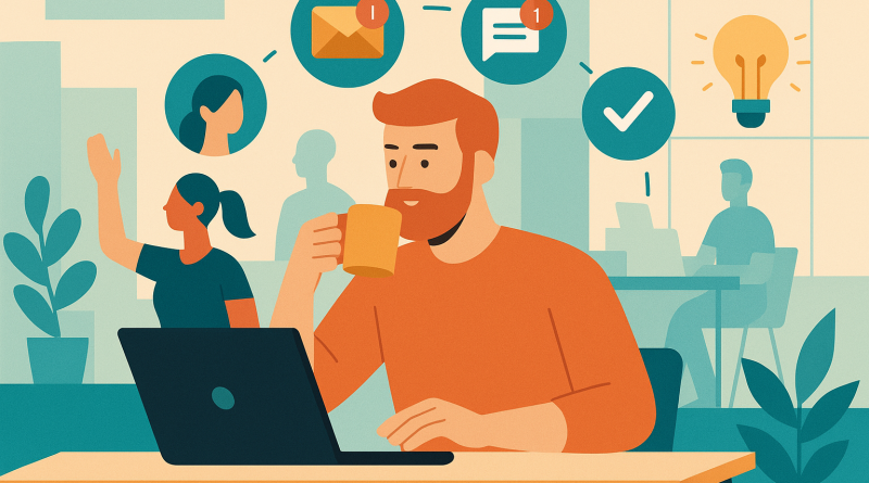 Illustration of digital nomad with coffee in a modern coworking space setting, with a inspired mood.