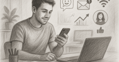 Illustration of gig worker checking phone in a home office setup setting, with a creative mood.