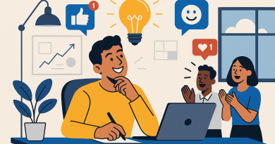 Illustration of startup founder brainstorming in a creative studio environment setting, with a happy mood.