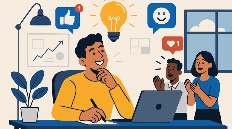 Illustration of startup founder brainstorming in a creative studio environment setting, with a happy mood.