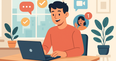 Illustration of freelancer using productivity tools in a urban apartment interior setting, with a happy mood.