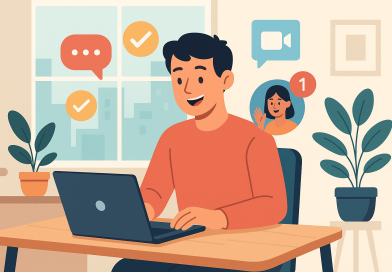 Illustration of freelancer using productivity tools in a urban apartment interior setting, with a happy mood.