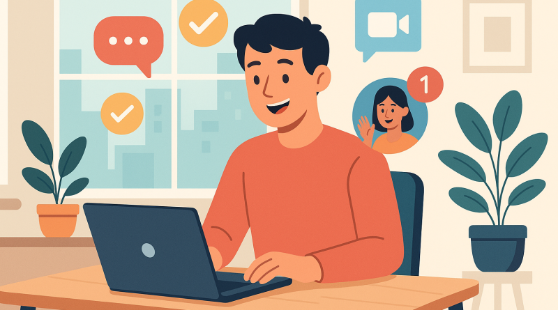 Illustration of freelancer using productivity tools in a urban apartment interior setting, with a happy mood.