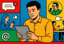 Illustration of young entrepreneur on tablet in a shared creative hub setting, with a creative mood.