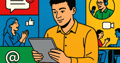 Illustration of young entrepreneur on tablet in a shared creative hub setting, with a creative mood.