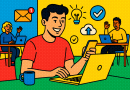 Illustration of freelancer using productivity tools in a modern coworking space setting, with a happy mood.