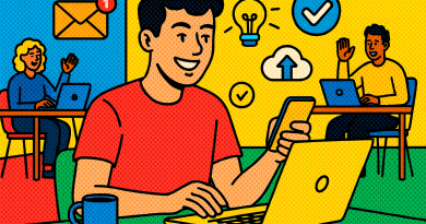 Illustration of freelancer using productivity tools in a modern coworking space setting, with a happy mood.