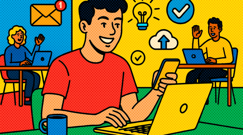 Illustration of freelancer using productivity tools in a modern coworking space setting, with a happy mood.