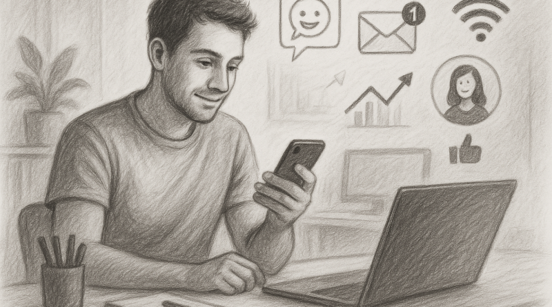 Illustration of gig worker checking phone in a home office setup setting, with a creative mood.