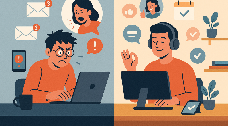 Illustration of freelancer using productivity tools in a home office setup setting, with a inspired mood.