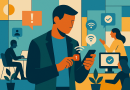 Illustration of gig worker checking phone in a shared creative hub setting, with a focused mood.