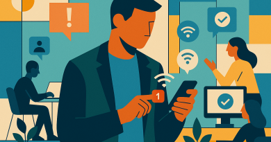 Illustration of gig worker checking phone in a shared creative hub setting, with a focused mood.