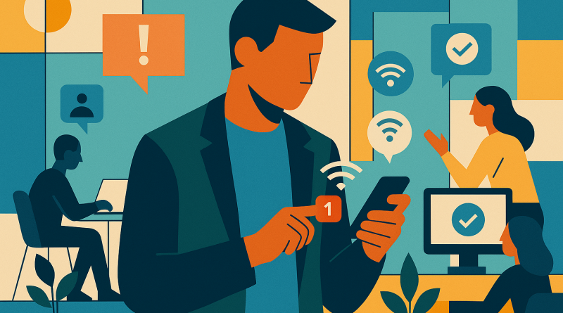Illustration of gig worker checking phone in a shared creative hub setting, with a focused mood.