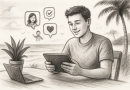 Illustration of young entrepreneur on tablet in a beachside workspace setting, with a happy mood.