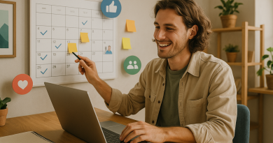 Illustration of person scheduling tasks in a creative studio environment setting, with a happy mood.