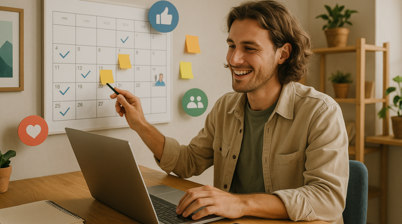 Illustration of person scheduling tasks in a creative studio environment setting, with a happy mood.