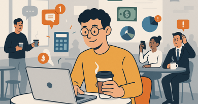 Illustration of digital nomad with coffee in a busy coffee shop setting setting, with a relaxed mood.